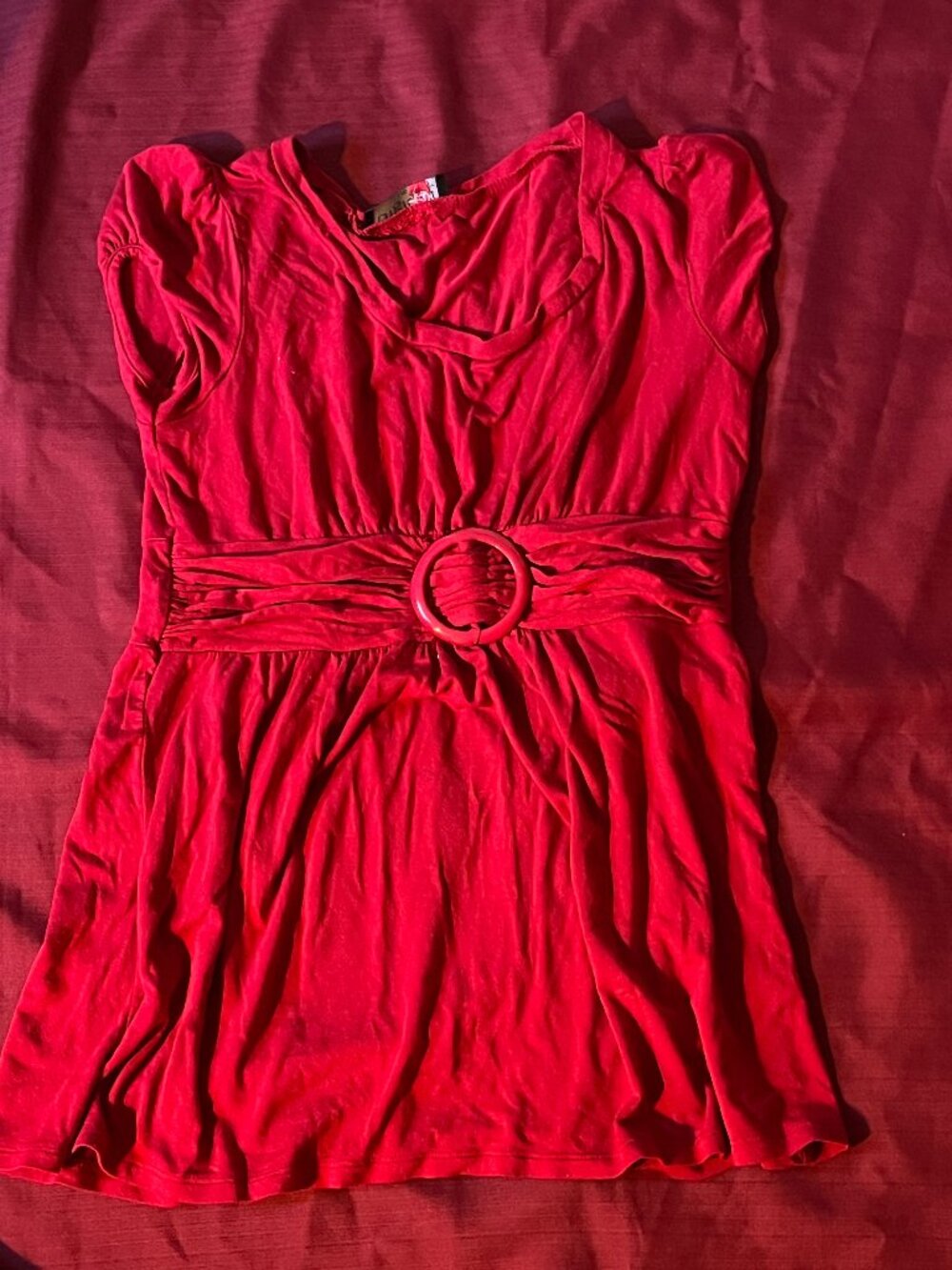 Red belted cap-sleeve peplum dressy top with o-ring buckle for woman size L